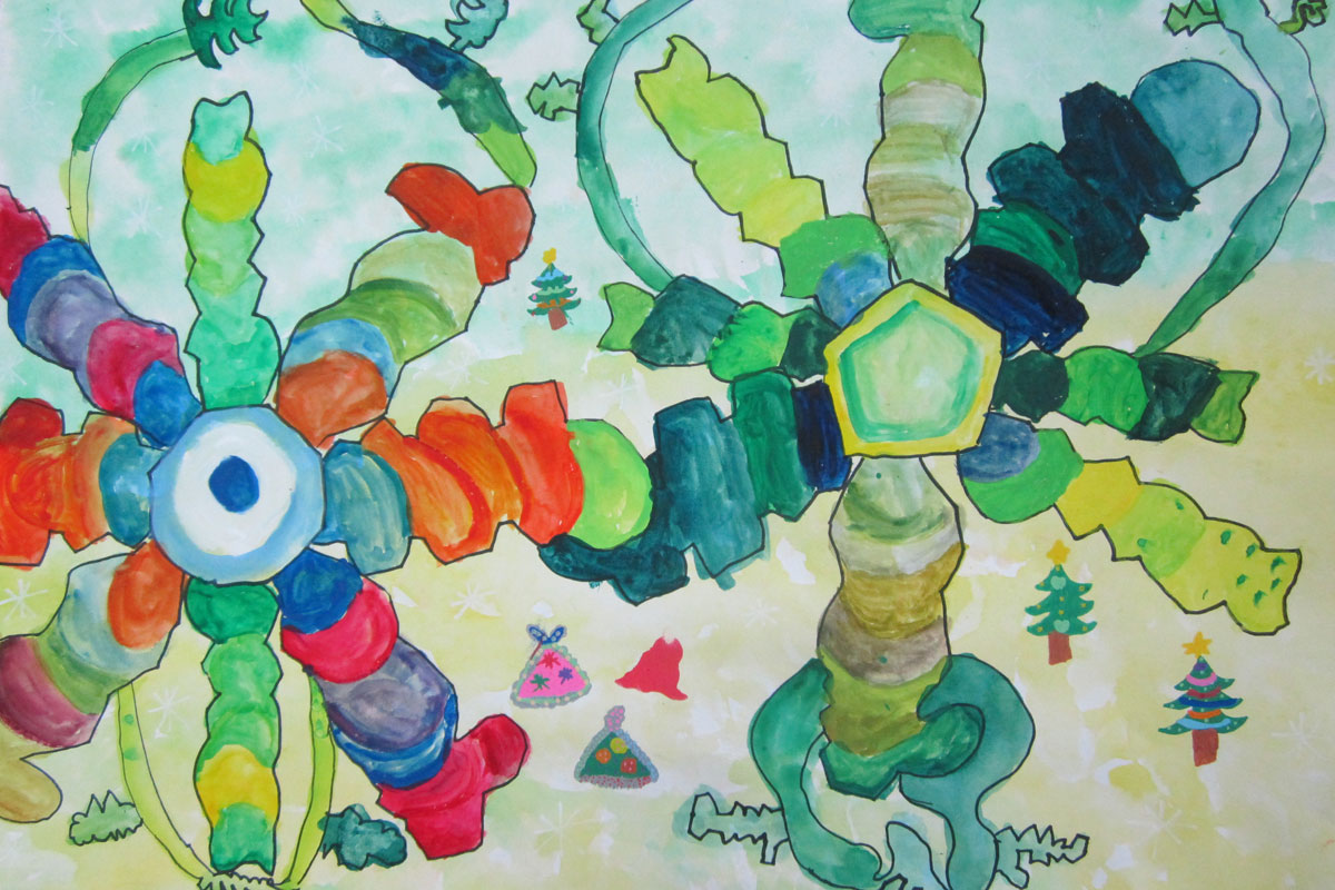 小学校図工中学年平面作品－型紙で花を描く「色いっぱいの不思議な花 ...