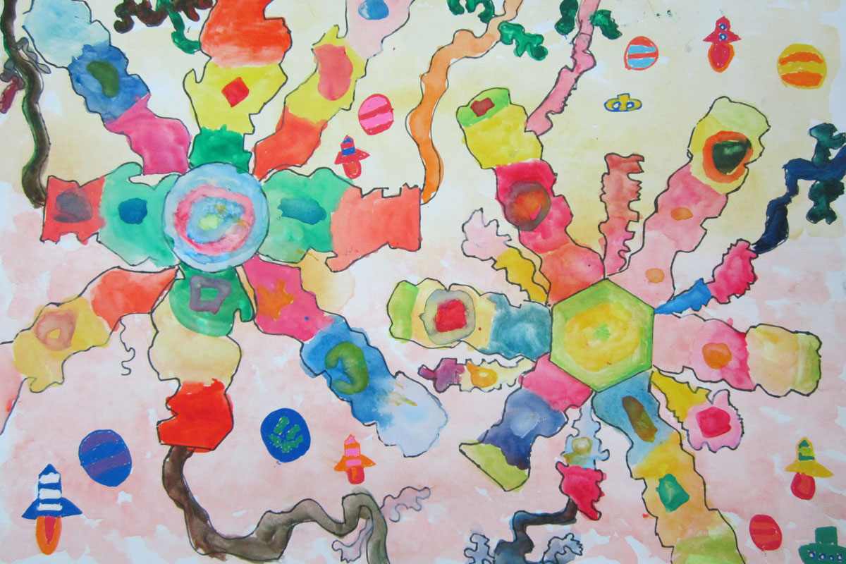 小学校図工中学年平面作品 型紙で花を描く 色いっぱいの不思議な花 図工人
