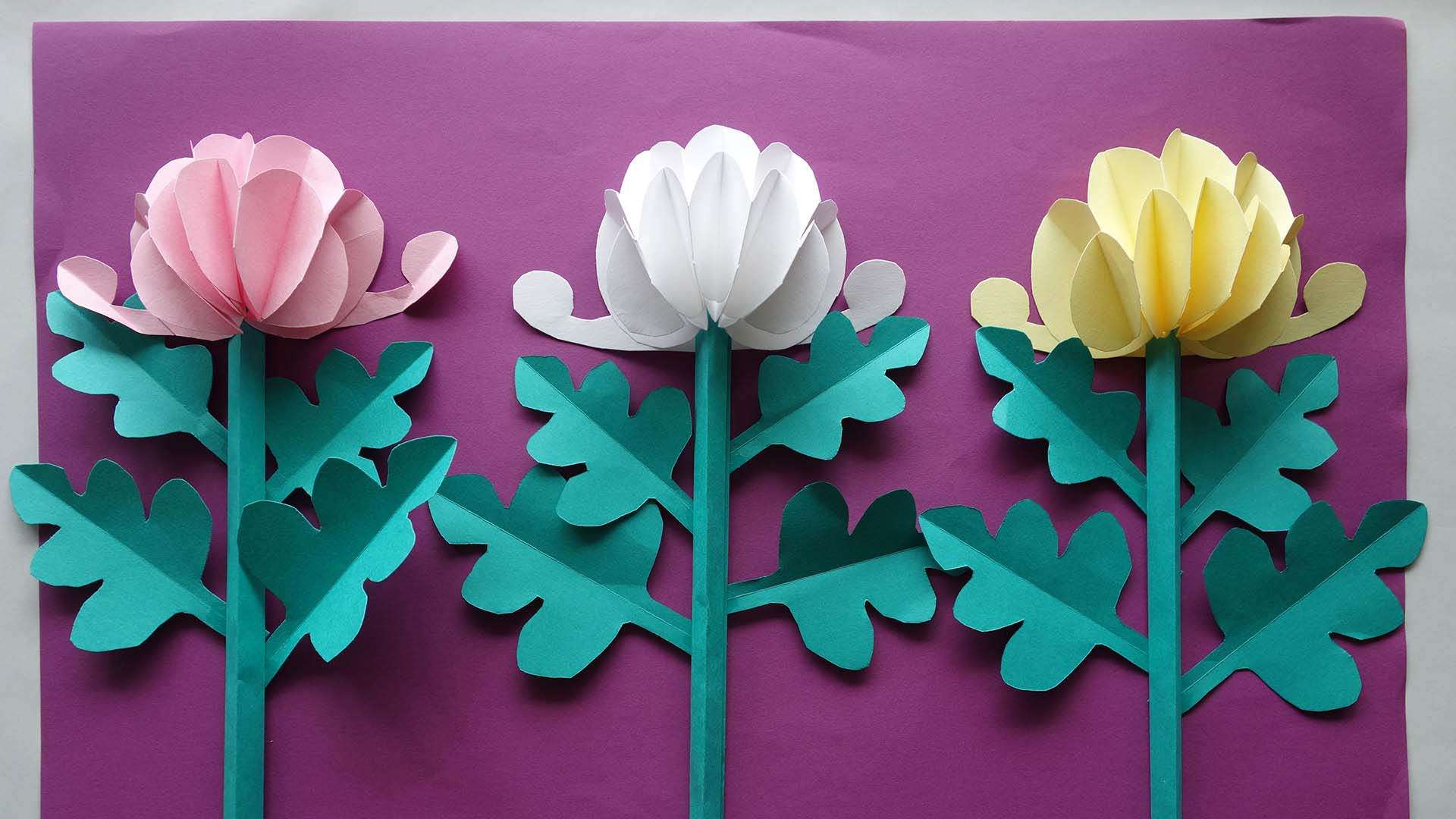 無料型紙付き簡単で映える色画用紙で作る秋の壁面飾り 11月 菊 図工人